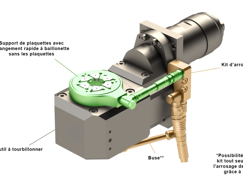 Données techniques d'un porte-outil de tourbillonnage PCM avec système breveté d'arrosage interne